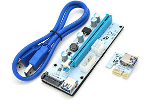 Riser PCI-EX, x1 => x16, 4-pin/6-pin/Sata, USB 3.0 AM-AM 0,6 м (синій), конденсатори 270, White, Пакет