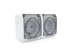 Розетка подвійна без заземлення зовнішнього монтажу з кришкою YT164, біла, IP44, Q5