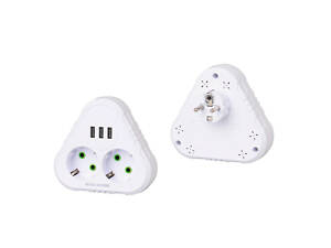 Розетка трійник із заземленням F202-White, 2 розетки+3USB(1А), 2500W, 10A, 110-250V~Max, Blister