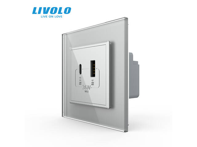 Розетка USB-A та USB-C з Power Delivery 36W Livolo сірий скло (VL-C7FCUA18W.UC18W-2IP)