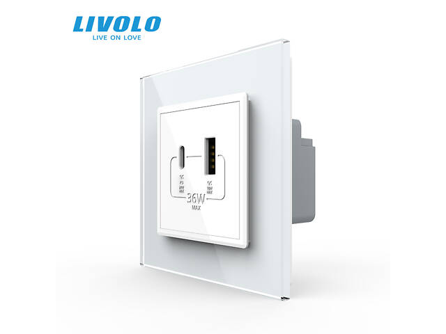 Розетка USB-A и USB-C с Power Delivery 36W Livolo серый стекло (VL-C7FCUA18W.UC18W-2IP) - Фото 3