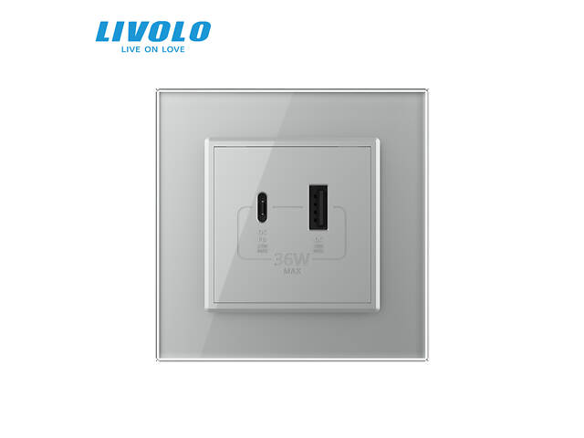 Розетка USB-A и USB-C с Power Delivery 36W Livolo серый стекло (VL-C7FCUA18W.UC18W-2IP) - Фото 7