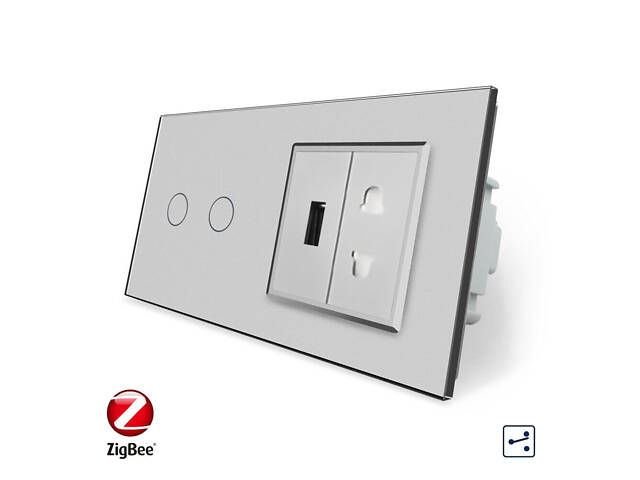 Розумний сенсорний прохідний/перехресний вимикач 2 сенсора 1 розетка 1 USB Livolo сірий скло (VL-C702SZ/C7USBC1A-15) - Фото 1