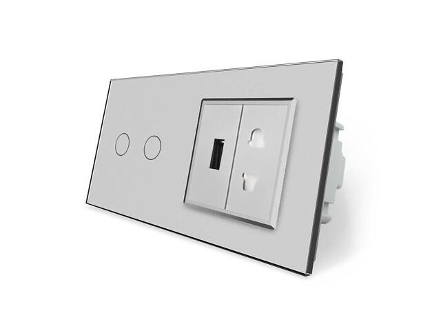 Розумний сенсорний прохідний/перехресний вимикач 2 сенсора 1 розетка 1 USB Livolo сірий скло (VL-C702SZ/C7USBC1A-15) - Фото 2