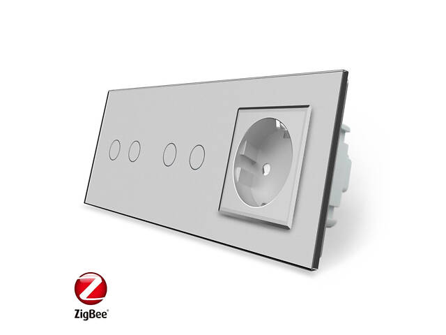 Умный сенсорный ZigBee выключатель 4 сенсора (2-2) 1 розетка Livolo серый стекло (VL-C702Z/C702Z/C7C1EU-15) - Фото 1