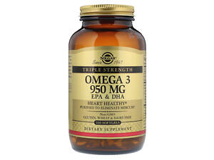 Рыбий Жир, Омега 3 (Omega-3 EPA, DHA), 950 мг, Тройная Сила, Solgar, 100 желатиновых капсул