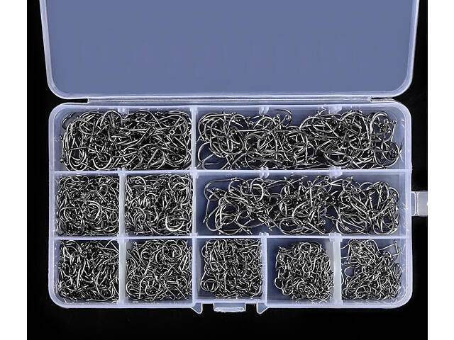 Рибальські гачки набір 1000 шт. розміри (3-12), 10 різновидів за 100 шт кожного, Гачки для риболовлі - Фото 1
