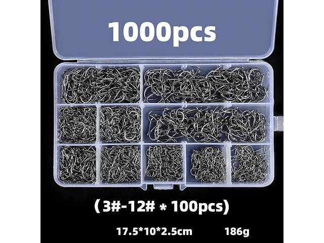 Рибальські гачки набір 1000 шт. розміри (3-12), 10 різновидів за 100 шт кожного, Гачки для риболовлі - Фото 2