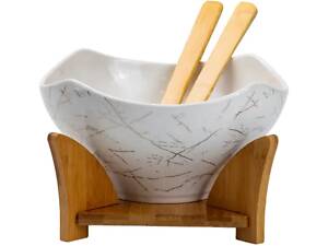 Салатница га бамбуковой пподставке с вилкой и ложкой 22*22*14 см Белый HP1228