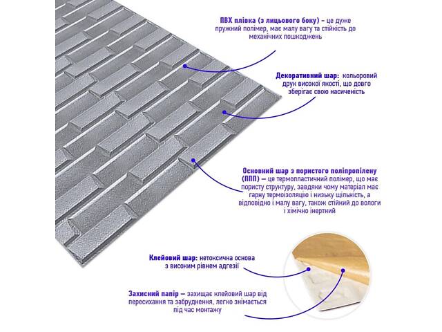 Самоклеящаяся 3D панель 1960x700x5мм Кладка Серебро love-shopping - Фото 3