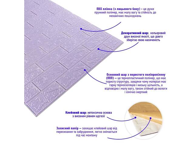 Самоклеюча 3D панель 3080x700x3мм Світло-фіолетова Цегла SW-00001758 - Фото 3