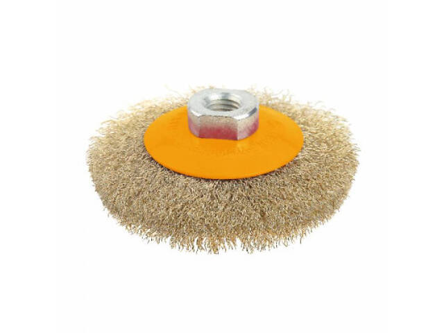 Щітка для електроінструменту Tolsen конічна 100 мм М14, гофрована латунований дріт 0.3 мм (77627) - Фото 1