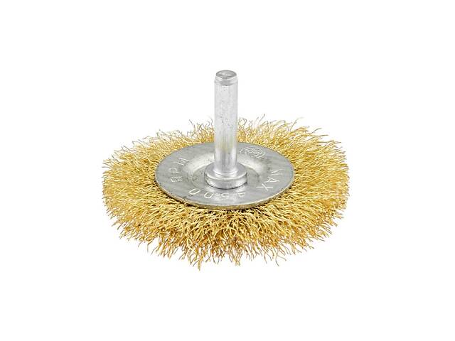 Щітка дискова MASTERTOOL з латунованого рифленого дроту 60 мм зі стрижнем 1/4' 19-9706 - Фото 2