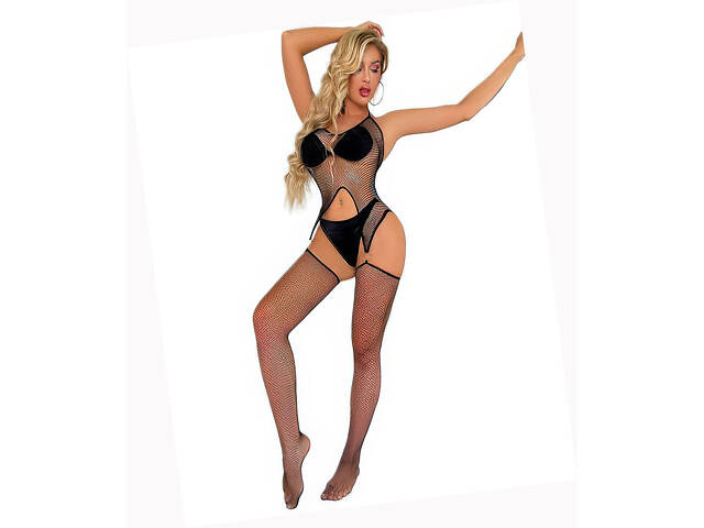 Сексуальний бодістокінг в сіточку We Love з чулками на кільцях One Size чорний (TZ111) - Фото 2