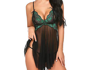 Сексуальна напівпрозора нічна сорочка з мереживом чорна з зеленим XL We Love