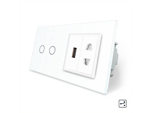 Сенсорний прохідний/перехресний вимикач 2 сенсора 1 розетка 1 USB Livolo білий скло (VL-C702S/C7USBC1A-11) - Фото 1