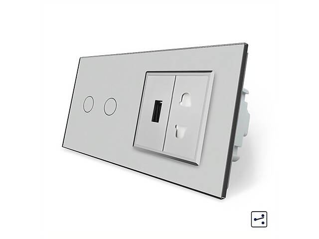 Сенсорный проходной/перекрестный выключатель 2 сенсора 1 розетка 1 USB Livolo серый стекло (VL-C702S/C7USBC1A-15) - Фото 1