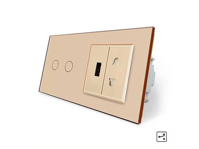 Сенсорный проходной/перекрестный выключатель 2 сенсора 1 розетка 1 USB Livolo золотой стекло (VL-C702S/C7USBC1A-13) - Фото 1