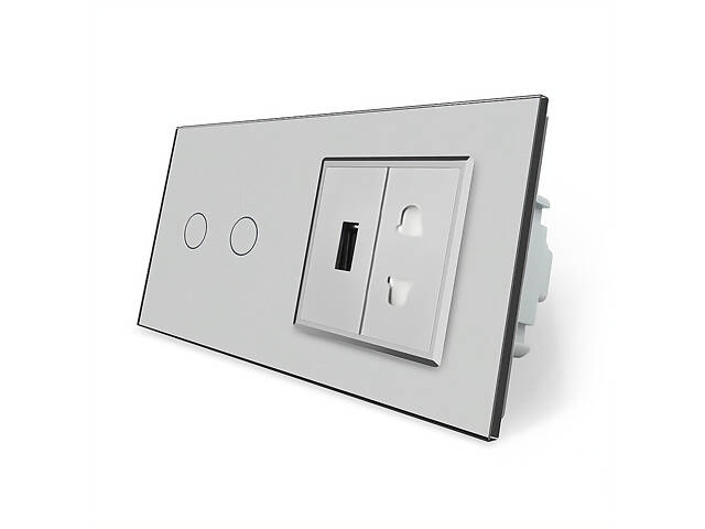 Сенсорный проходной/перекрестный выключатель 2 сенсора 1 розетка 1 USB Livolo серый стекло (VL-C702S/C7USBC1A-15) - Фото 2