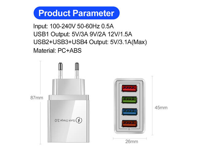 Мережевий зарядний пристрій із 4 USB-портами та підтримкою швидкого заряджання, 3.1 А - Фото 6
