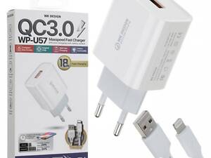Сетевое зарядное устройство USB с кабелем USB WK Lightning WP-U57-L-White 1 м
