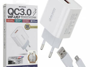 Сетевое зарядное устройство USB с кабелем USB WK Micro USB WP-U57-M-White 1 м