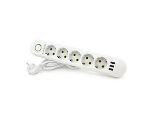 Сетевой фильтр F05U, 5 розеток EU + 3 USB, 1.5 м, сечение 3х0,75мм, 2500W, White, Box