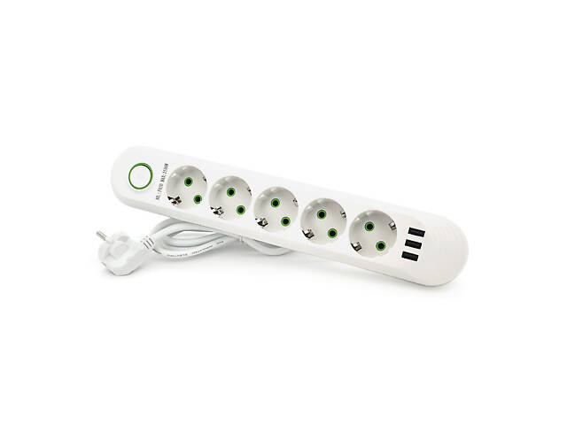 Сетевой фильтр F05U, 5 розеток EU + 3 USB, 1.5 м, сечение 3х0,75мм, 2500W, White, Box - Фото 1