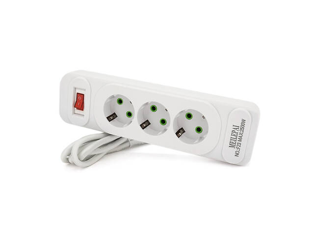 Сетевой фильтр F23, 3 розетки EU, кнопка включения с индикатором, 2 м, 3х0,75мм, 2500W, White, Box - Фото 1