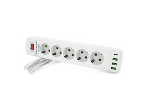 Сетевой фильтр F25U, 5 розеток EU + 3 USB + PD, кнопка включения с индикатором, 2 м, 3х0,75мм, 2500W, White,