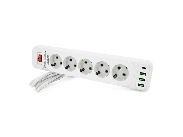 Сетевой фильтр F25U, 5 розеток EU + 3 USB + PD, кнопка включения с индикатором, 2 м, 3х0,75мм, 2500W, White, - Фото 1