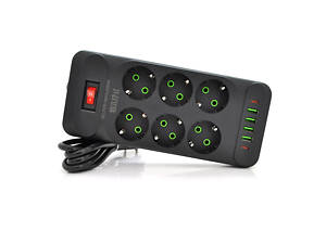 Сетевой фильтр F33U, 6 розеток EU + 4 USB + 2 PD, кнопка включения с индикатором, 2 м, 3х0,75мм, 2500W, Black,