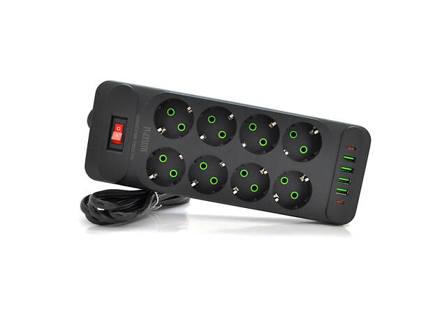 Сетевой фильтр F34U, 8 розеток EU + 4 USB + 2 PD, кнопка включения с индикатором, 2 м, 3х0,75мм, 2500W, Black,