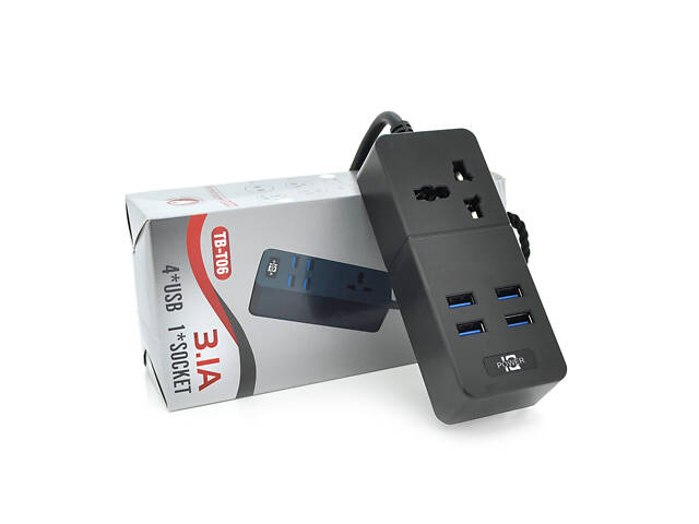 Сетевой фильтр ТВ-Т06, 1 розетка + 4 USB, 2 м, сечение 3х0,75мм, 2500W, Black, Box - Фото 1