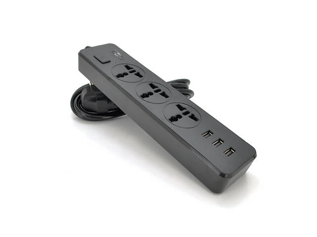 Сетевой фильтр ТВ-Т13, 3 розетки + 3 USB, 2 м, сечение 3х0,75мм, 2500W, Black, Box - Фото 1