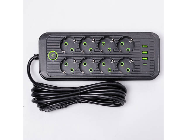 Мережевий фільтр 2.8 м подовжувач на 8 розеток з 3 USB 1 Type-C та кнопкою відключення F20U Чорний HP-5-28 - Фото 1