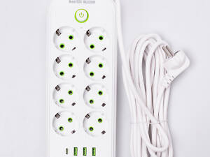 Мережевий фільтр 2.8 м подовжувач на 8 розеток з 3 USB 1 Type-C та кнопкою відключення F20U Білий HP-5-27