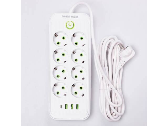 Мережевий фільтр 2.8 м подовжувач на 8 розеток з 3 USB 1 Type-C та кнопкою відключення F20U Білий HP-5-27 - Фото 1