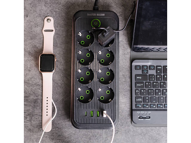 Мережевий фільтр 2.8 м подовжувач на 8 розеток з 3 USB 1 Type-C та кнопкою відключення F20U Чорний HP-5-28 - Фото 2