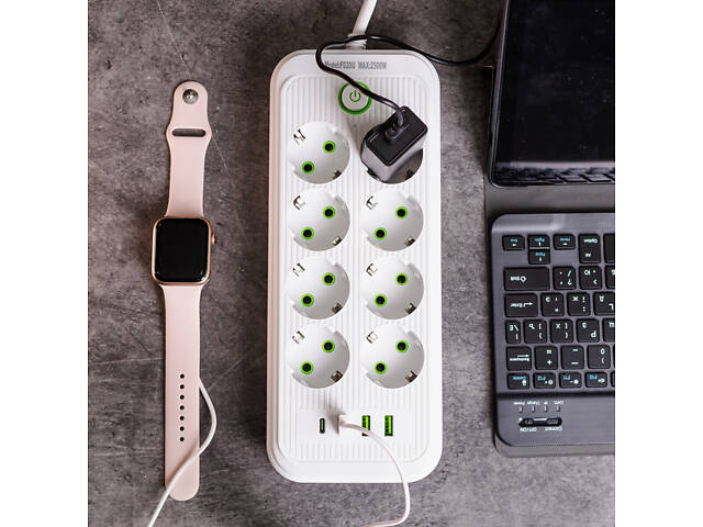 Мережевий фільтр 2.8 м подовжувач на 8 розеток з 3 USB 1 Type-C та кнопкою відключення F20U Білий HP-5-27 - Фото 2