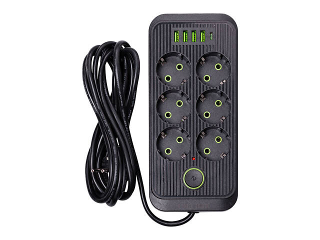 Мережевий фільтр 3 м подовжувач F06U на 6 розеток 4 USB 1 Type-C та кнопкою відключення Чорний HP-5-24 - Фото 1