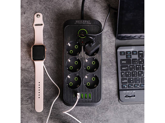 Мережевий фільтр 3 м подовжувач F06U на 6 розеток 4 USB 1 Type-C та кнопкою відключення Чорний HP-5-24 - Фото 2