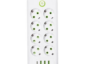 Мережевий фільтр 4.7 м подовжувач на 8 розеток з 3 USB 1 Type-C та кнопкою відключення F20U Чорний HP-5-29