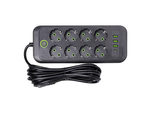 Мережевий фільтр 4.8 м подовжувач на 8 розеток з 3 USB 1 Type-C та кнопкою відключення F20U Білий HP-5-30 - Фото 1