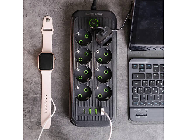 Мережевий фільтр 4.8 м подовжувач на 8 розеток з 3 USB 1 Type-C та кнопкою відключення F20U Білий HP-5-30 - Фото 2