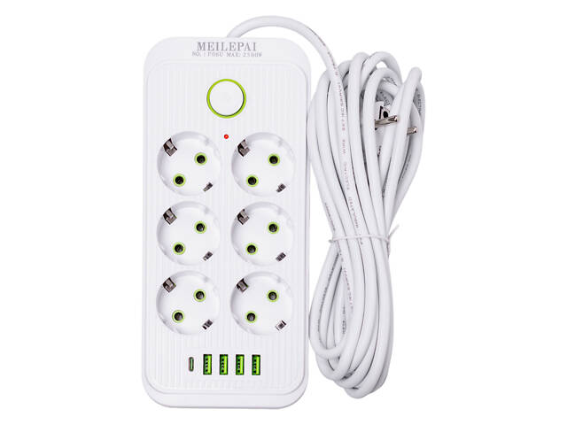 Мережевий фільтр 5 м подовжувач F06U на 6 розеток 4 USB 1 Type-C та кнопкою відключення Білий HP-5-25 - Фото 1