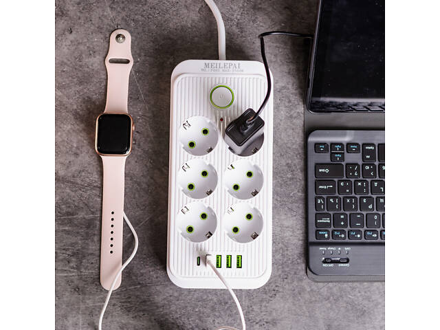 Мережевий фільтр 5 м подовжувач F06U на 6 розеток 4 USB 1 Type-C та кнопкою відключення Білий HP-5-25 - Фото 2