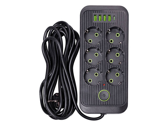 Мережевий фільтр 5 м подовжувач F06U на 6 розеток 4 USB 1 Type-C та кнопкою відключення Чорний HP-5-26 - Фото 1
