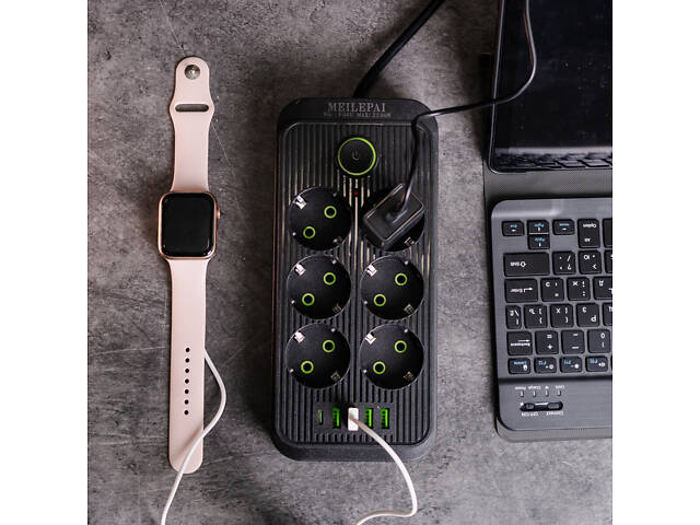 Мережевий фільтр 5 м подовжувач F06U на 6 розеток 4 USB 1 Type-C та кнопкою відключення Чорний HP-5-26 - Фото 2