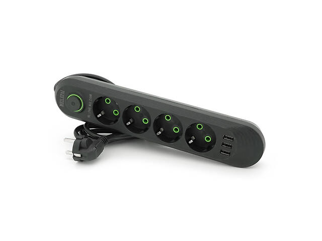 Сетевой фильтр F04U, 4 розетки EU + 3 USB, 1.5 м, сечение 3х0,75мм, 2500W, Black, Box - Фото 1